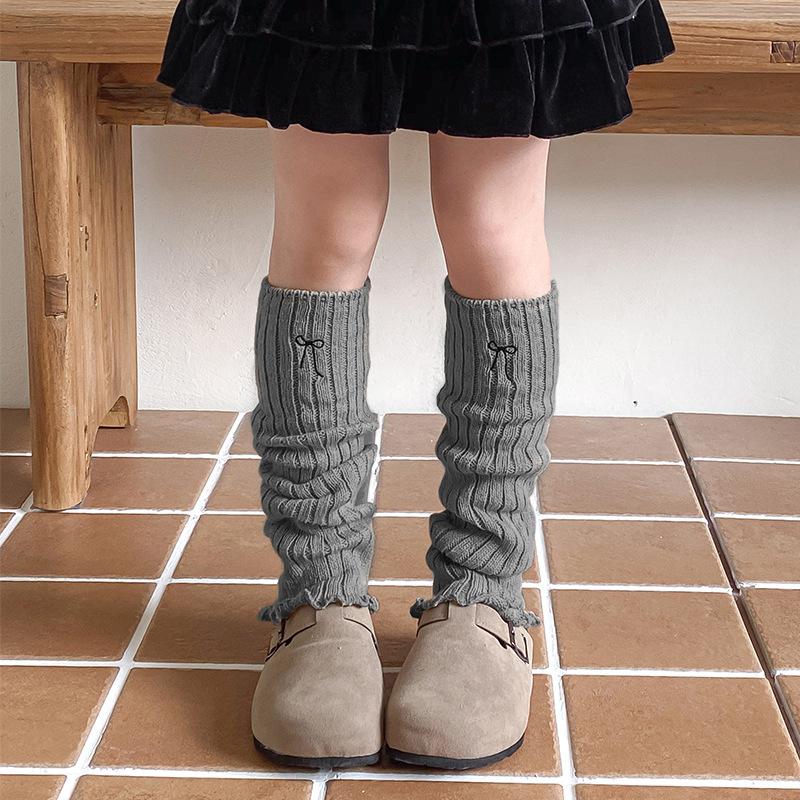 Girls Socks Spring And Autumn Embroidery Bow Calf Socks Solid Color Retro Knitted Wool Warm Pile