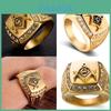 Stylish Mens Masonic Symbol Ring Featuring Sparkling Rhinestones And Geometric Design In Gold Tone
