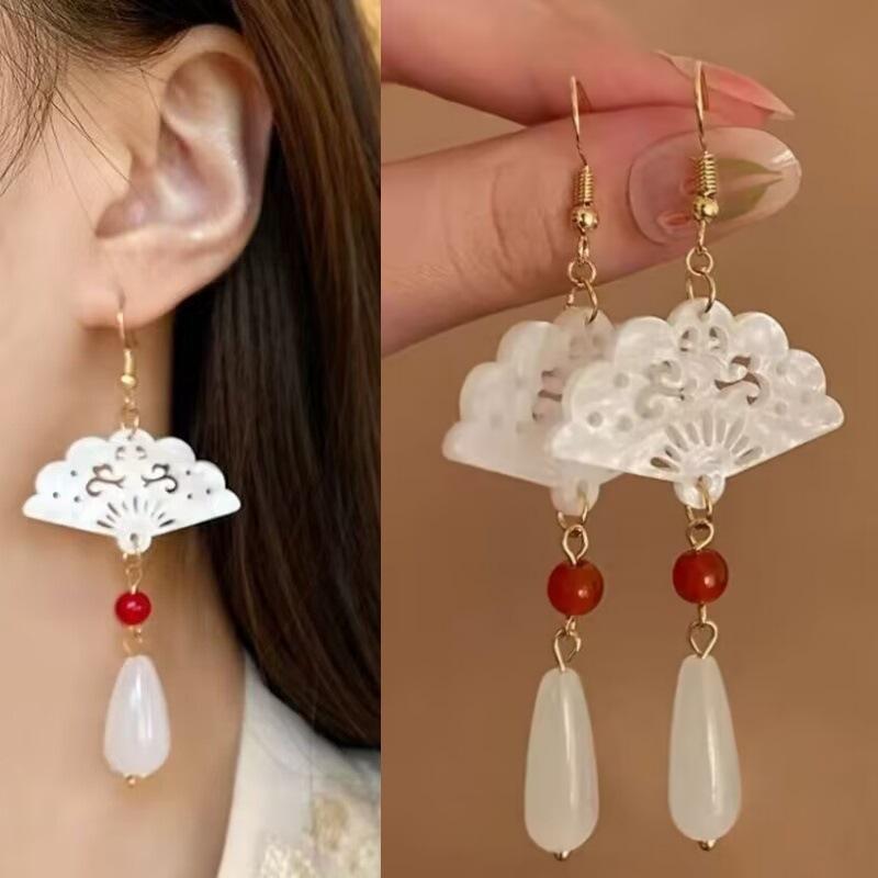 New Chinese imitation jade fan long fringed earrings women, retro national style cheongsam long earrings earrings