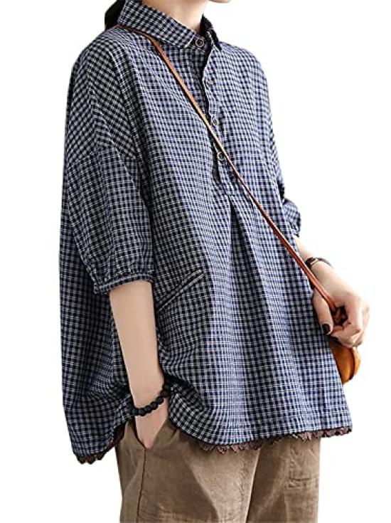 shirt for check pattern loose large summer [JQBFL] Short-sleeved women, blouse, summer, linen, cotton-linen shirt, fit, size, casual, cut-and-sew,