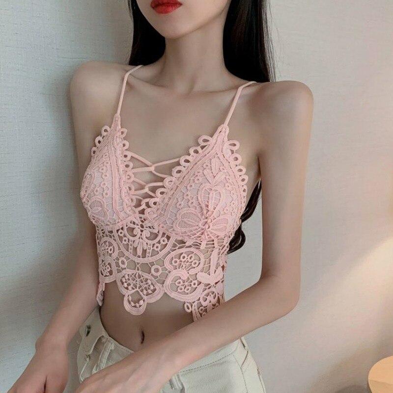 Lace Crochet Camisole With Chest Pad For Women Inner Outer Wearable Deep V Backless Casual Wild Corp Tops