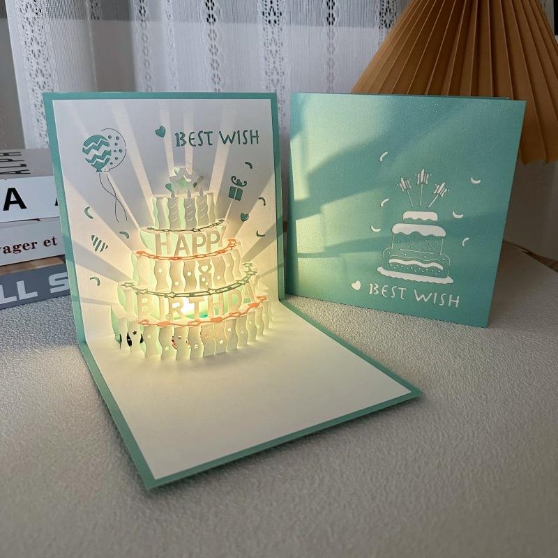 3D Musical Birthday Cake Card Pop Up Colourful Light with Envelope for Kids Baby Shower Wife Birthday Party Greet Cards DropShip