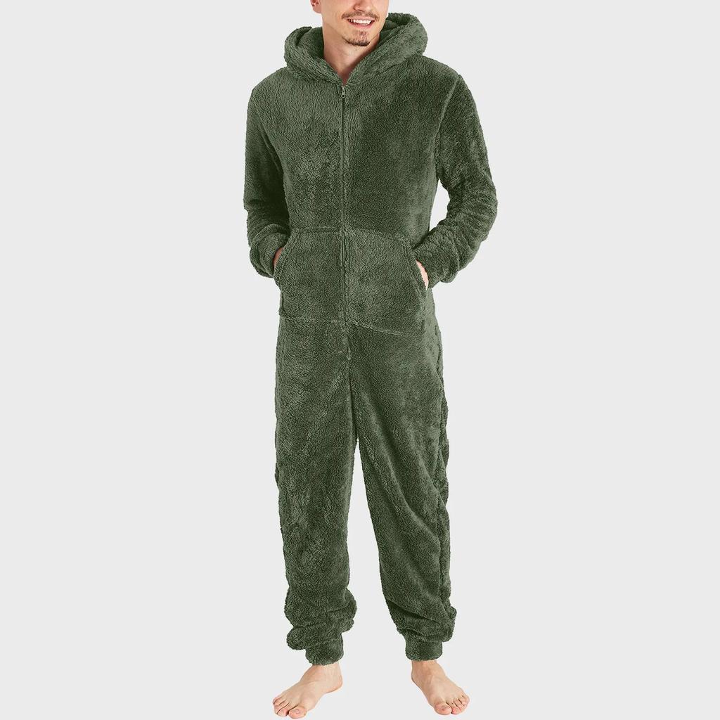 Winter Warmer Teddyfleece Pyjama für Herren Plüsch Einteiler mit Reißverschluss Flauschige Kapuzen-Nachtwäsche Einteiliger Schlaf-Lounge-Pyjama Jumpsuit