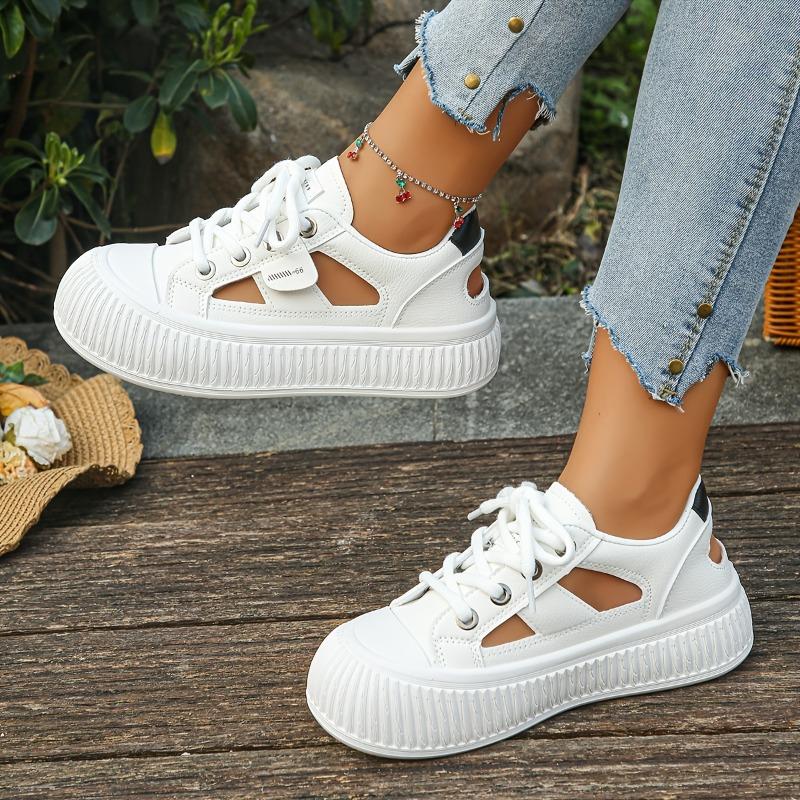 Women'S Chunky Platform Sneakers - Breathable Cut-Out Design, White Low-Top Lace-Up Shoes with Transparent PVC Sole, Comfortable All-Day Wear