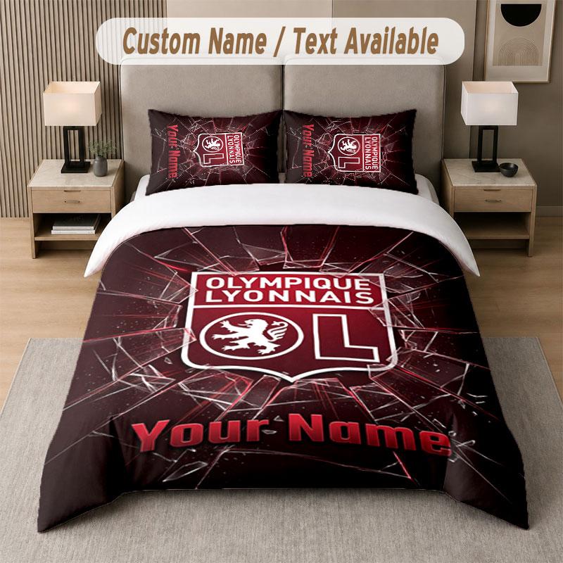 Custom Bedding Set Lyon FC Pattern, Print Name Text 1 Duvet Cover Plus 2 Pillowcases Home Textile