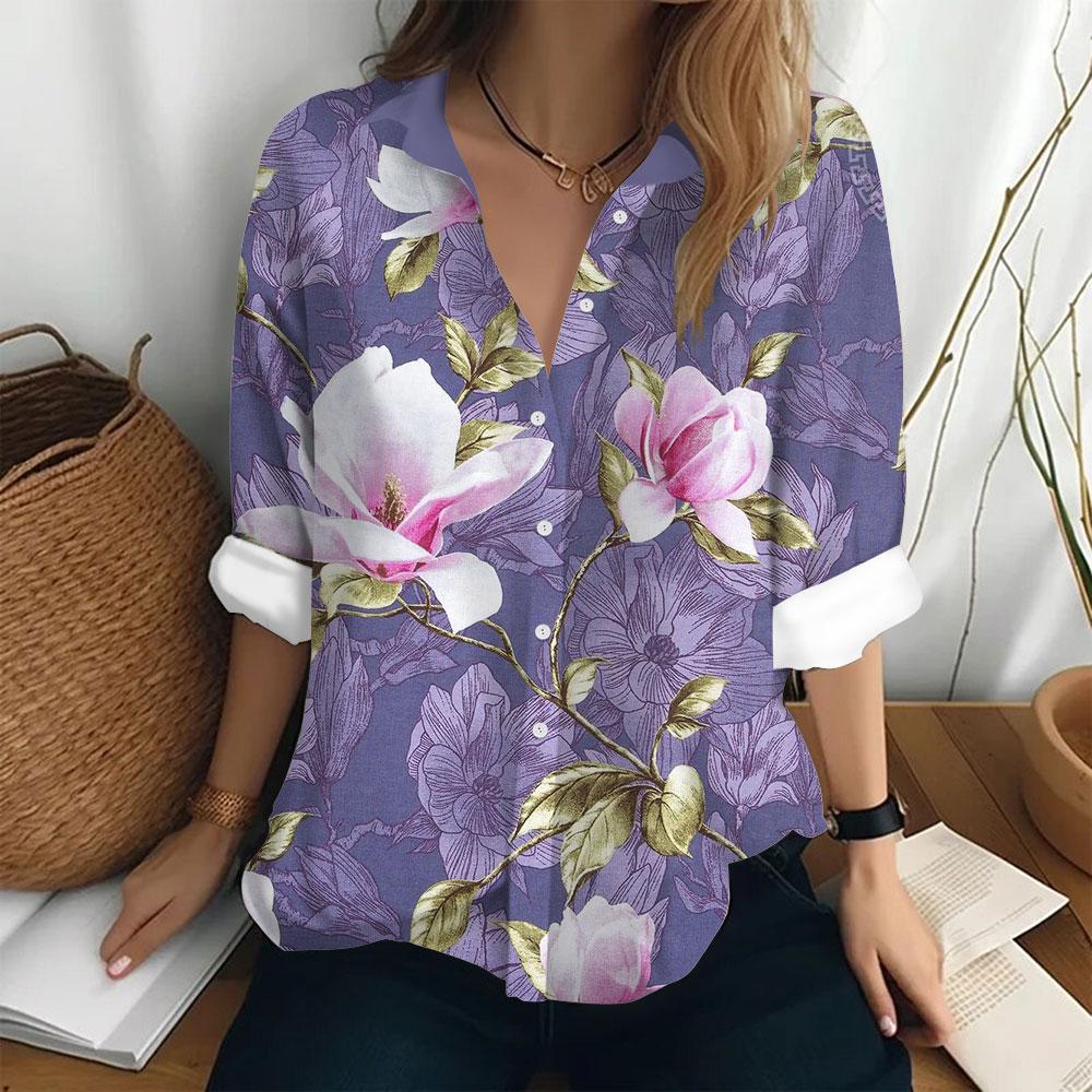 Women's Fashion Shirt Bottom Casual T-shirt Loose Lapel Top Long Sleeved Button Printed Clothing Party Elegant Women's Shirt