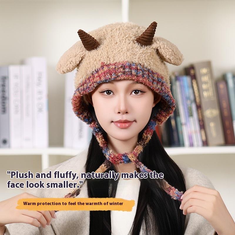 Cute Korean Double-Layer Thick Version Lamb Ears Knitted Ear Protection Loose Big Head Circumference Warm Cold Proof Plush Hat