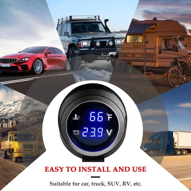 2 in 1 Round 12V 24V LED Digital Car Truck Water Temp Gauge Temperature Sensor Temperatura Motor + Voltmeter Volt Voltage Meter