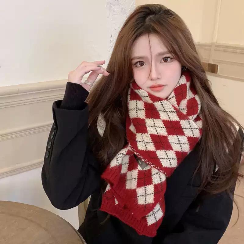 Red Scarf Women'S Winter Plaid Christmas Birthday Gift Year Gift Knitted Wool