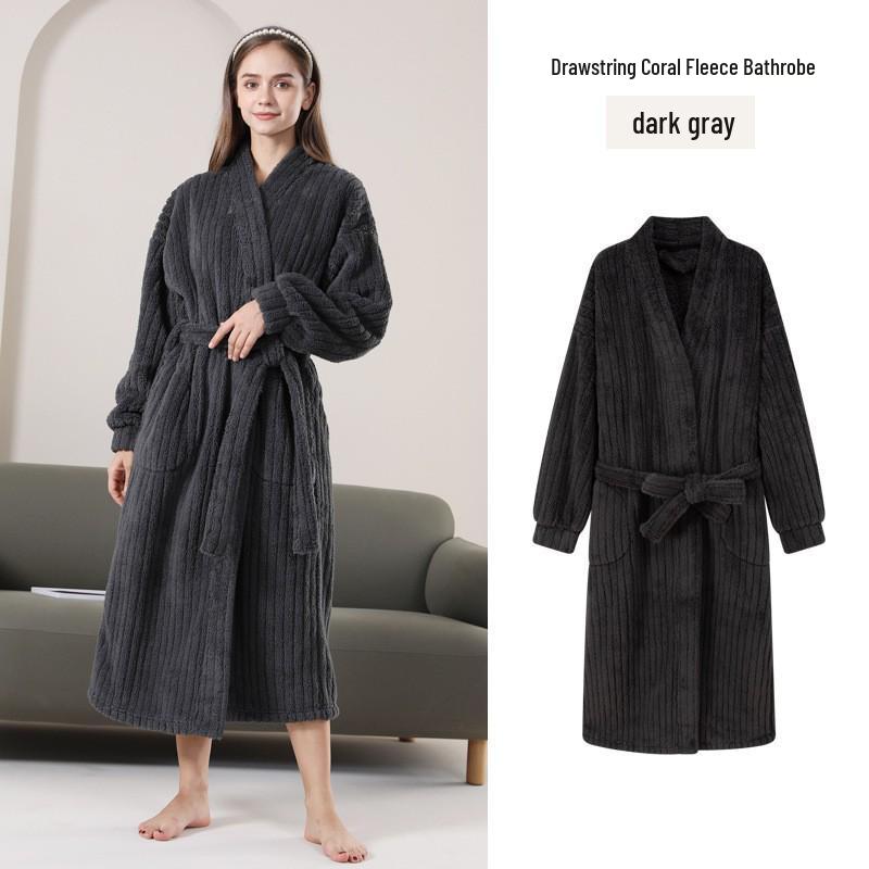 Women's Coral Fleece Thick Velvet Lined Bathrobe - Cozy Autumn/Winter Long Robe Pajamas
