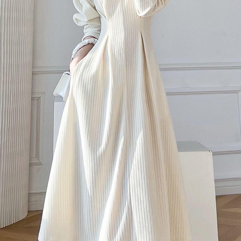 White V-Neck Hepburn Style French Dress for Women Spring/Autumn Waist-Cinching Slimming Retro Elegant Goddess Style Maxi Skirt