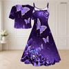 Women Plus Size Two Piece Dress Set V Neck Short Sleeve Silver Drips Printed Black Flared Dress