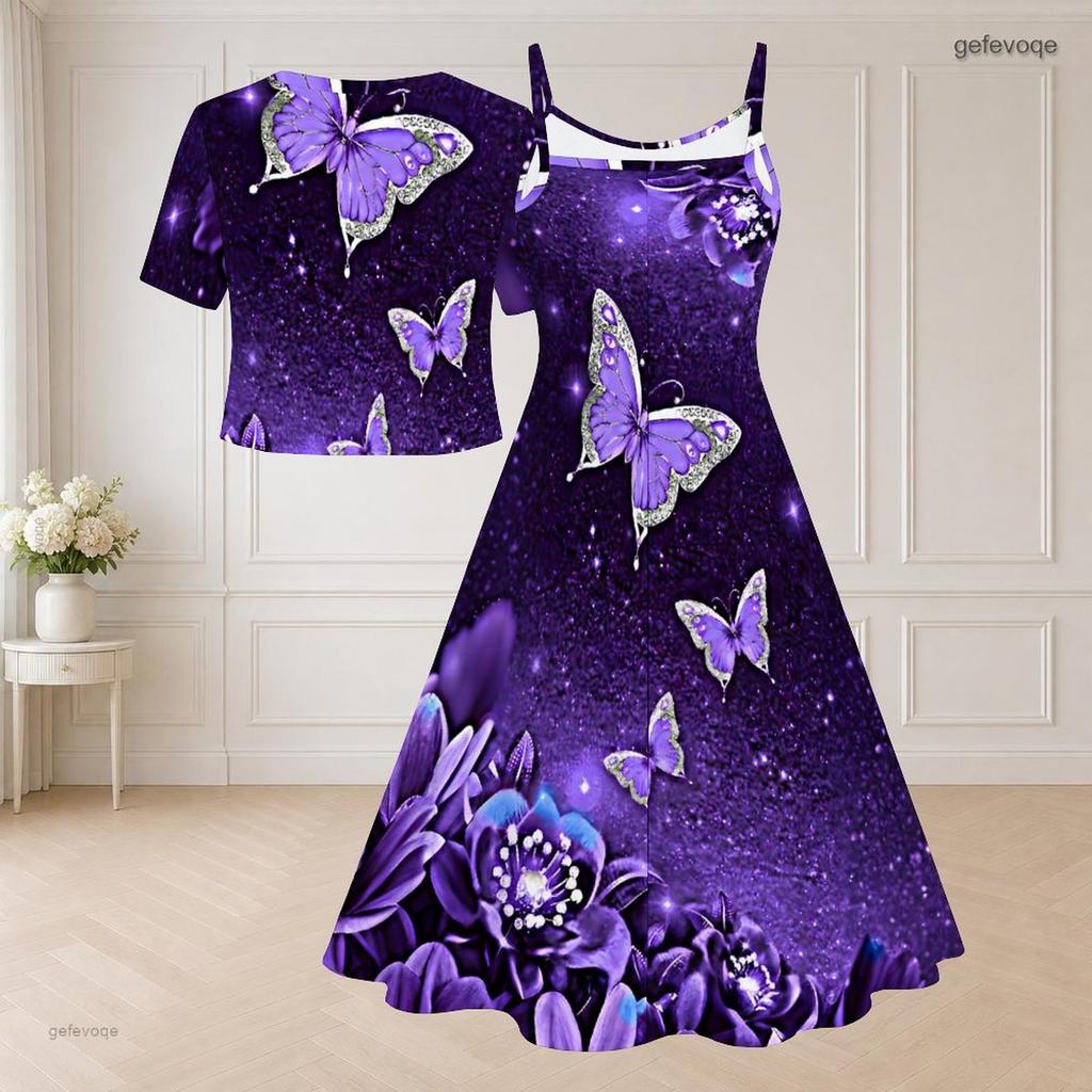 Women Plus Size Two Piece Dress Set V Neck Short Sleeve Silver Drips Printed Black Flared Dress