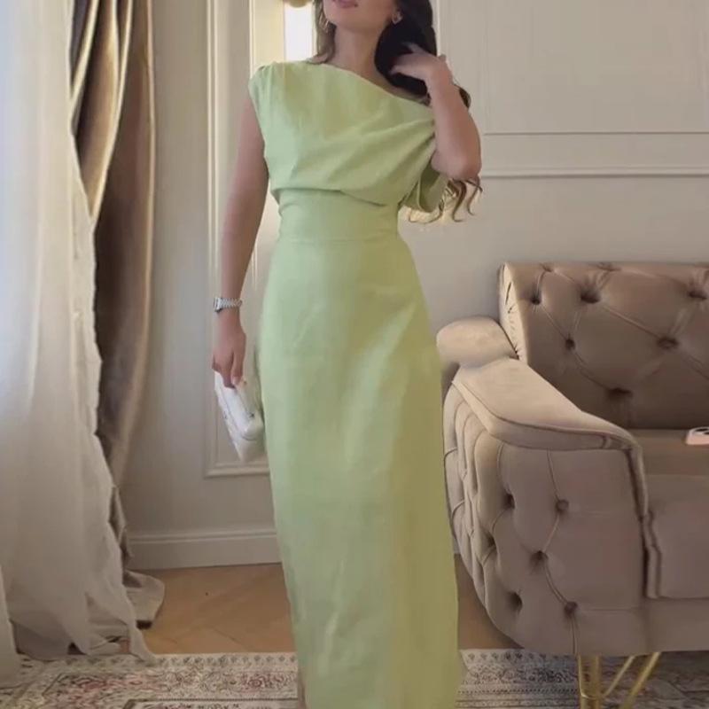 2026 women's clothing summer new, Amazon cross-border Europe and the United States, fashionable and elegant solid color off-the-shoulder slim dress