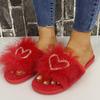 Fashion Luxury Glitter Heart Decoration Fur Slippers Women 2025 Autumn Round Toe Low Heel Outdoor Slides Warm Short Plush Slippers