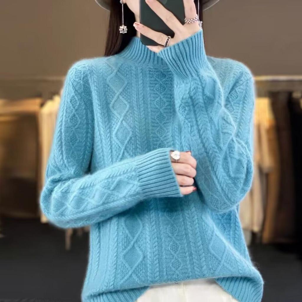 Women Half-high Neck Sweater 2025 Spring Winter New Thickened Foreign Fashion Loose Twisted Flowers Long-sleeved Knitted Bottoming Tops