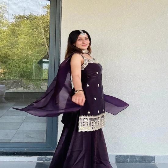 Deep Wine Silk Embroidered Sharara Suit Set with Sheer Attached Cape Dupatta S винный