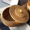 Round Rattan Boxes with Lid Hand-Woven Multi-Purpose Wicker Tray 11 Inch Picnic Food Bread Table Storage Basket (28x13cm)