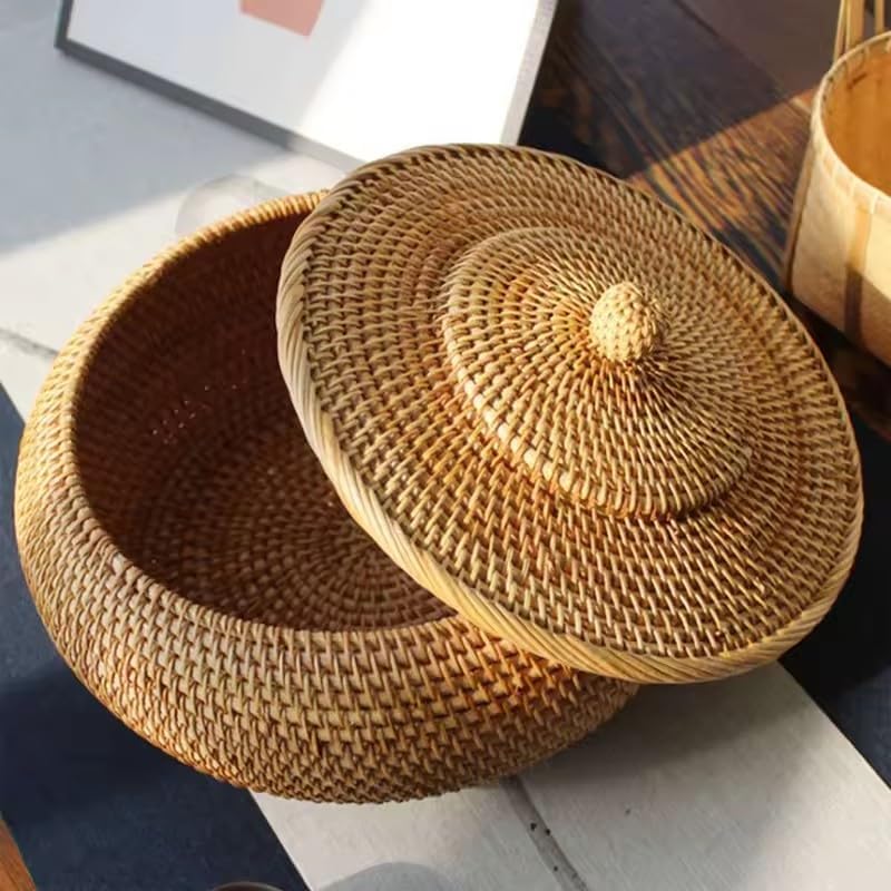 Round Rattan Boxes with Lid Hand-Woven Multi-Purpose Wicker Tray 11 Inch Picnic Food Bread Table Storage Basket (28x13cm)