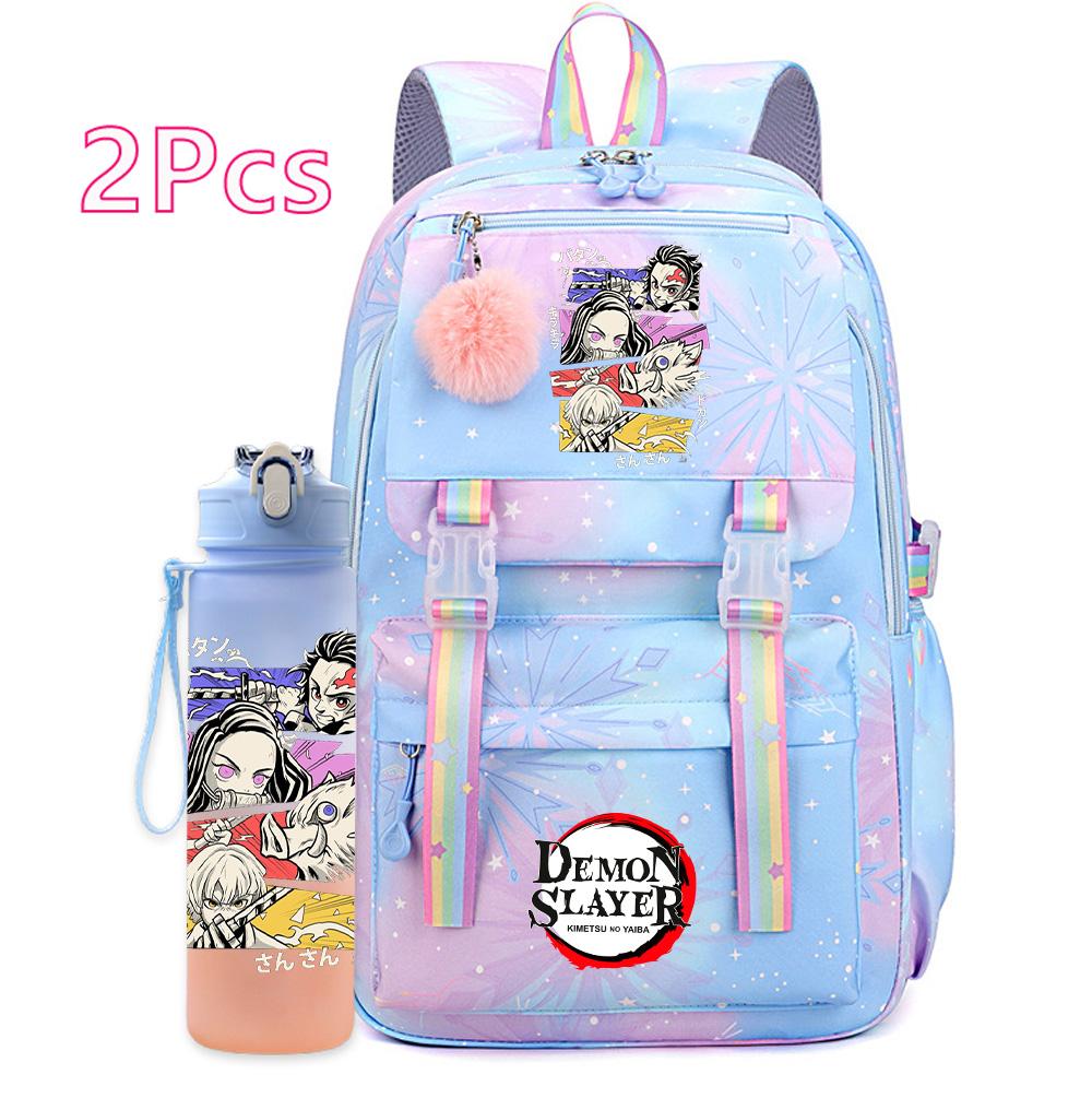 2Pcs/set Cute Demon Slayer Printed Backpack with 750Ml Water Bottler for Teenager Student Girl Boy Large Capacity Waterproof Bookbag Travel Bag Gift