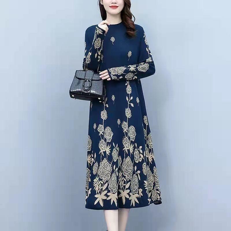 Damska sukienka wełniana z haftem z okrągłym dekoltem jesienno-zimowa luźna długa do kolana plus size sukienka dzianinowa