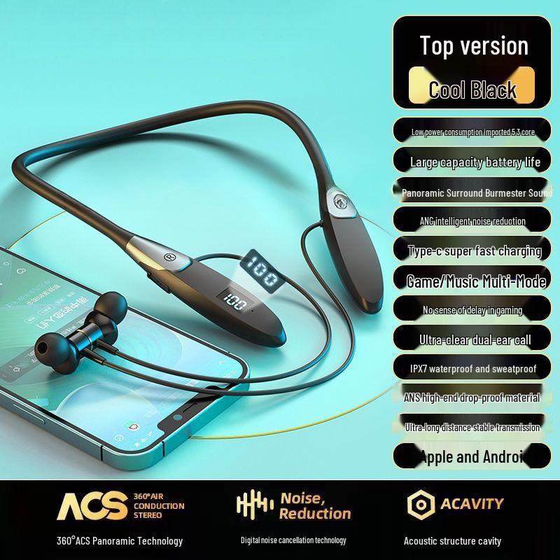 Sports Wireless Bluetooth Earphones: Long Battery, Heavy Bass, High Volume, Neck-Hanging, E-sports Navigation