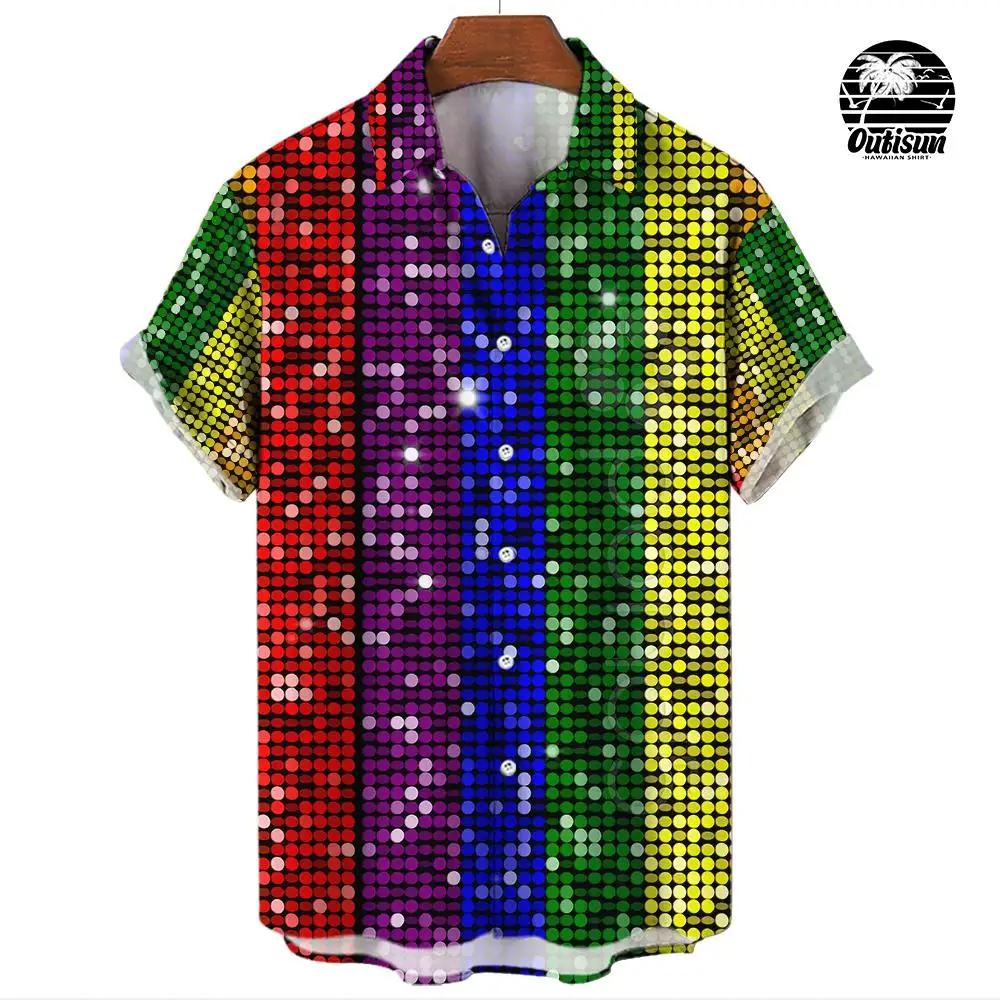 Summer Fashion Plaid Rainbow Print Men's Short Sleeve Casual Shirt Pride Month Party Outfit Tops Street Trend Party Oversized