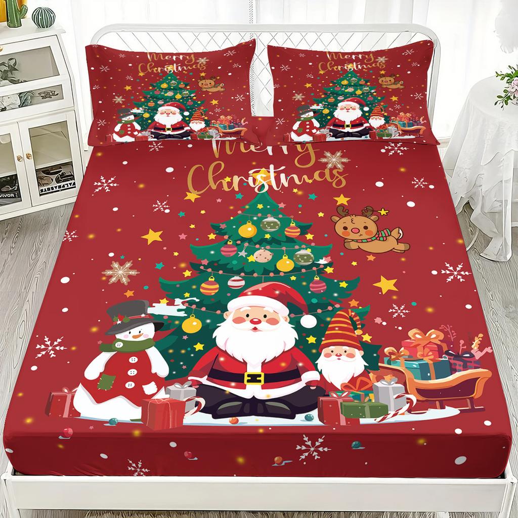 Christmas theme Fitted Sheet Santa Claus elk Christmas tree Print coreless Fitted Sheet Set Soft Bedspread Bedroom Bedding Decor