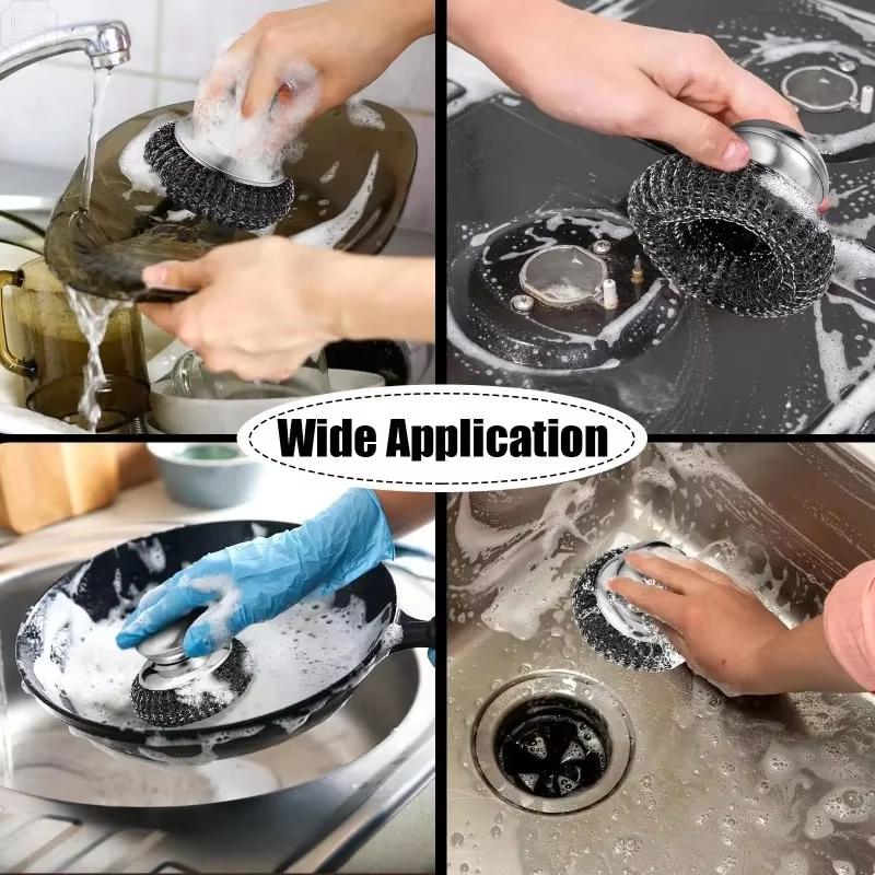 Stainless Steel Pot Brush with Handle Metal Ball Dishwashing Replacement Pans Stoves Sink Scrubbers Robust Kitchen Cleaner New