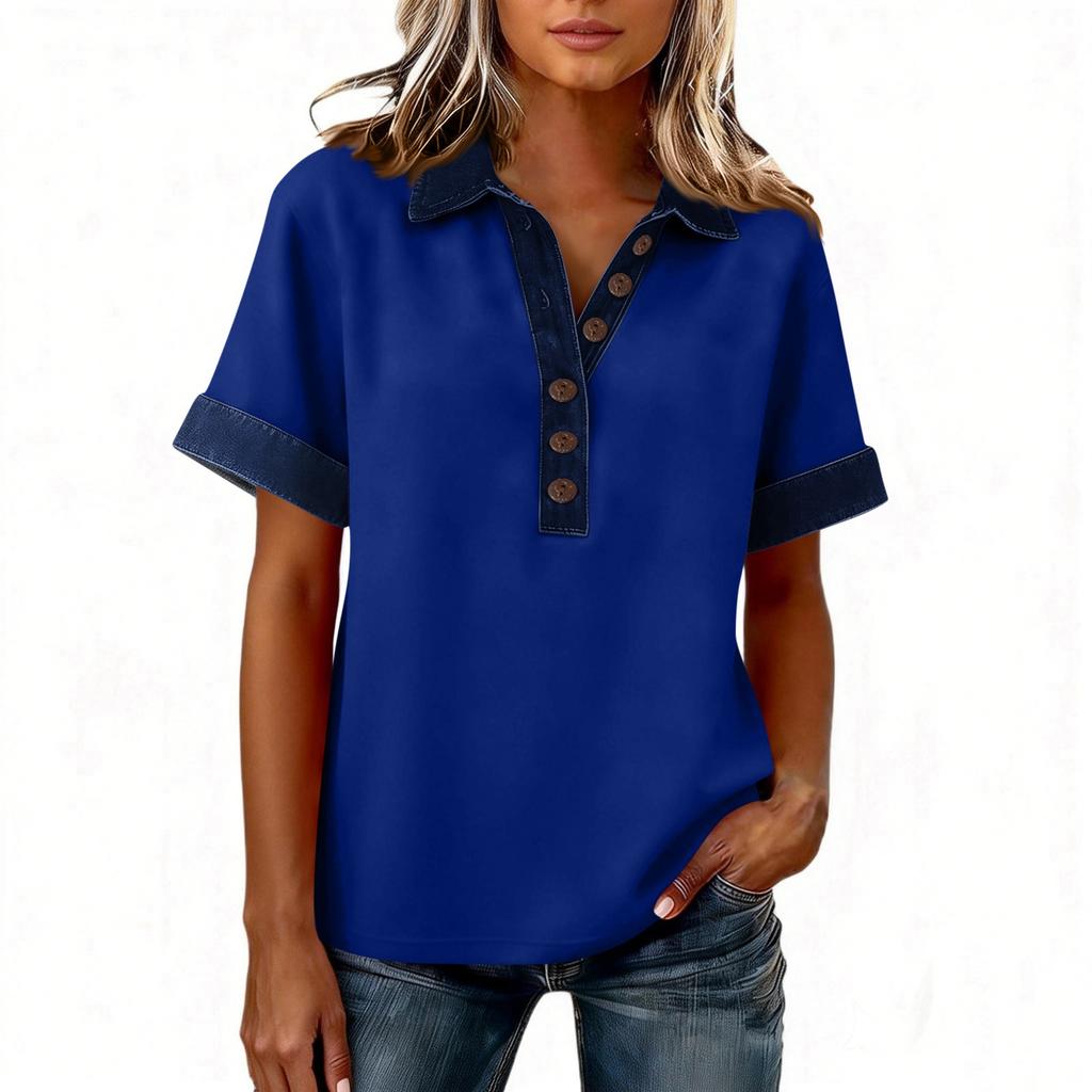 Denim Patchwork Shirts For Women Stand Collar Casual Blouse Short Sleeve Comfy Tshirt Spring Summer Fashion