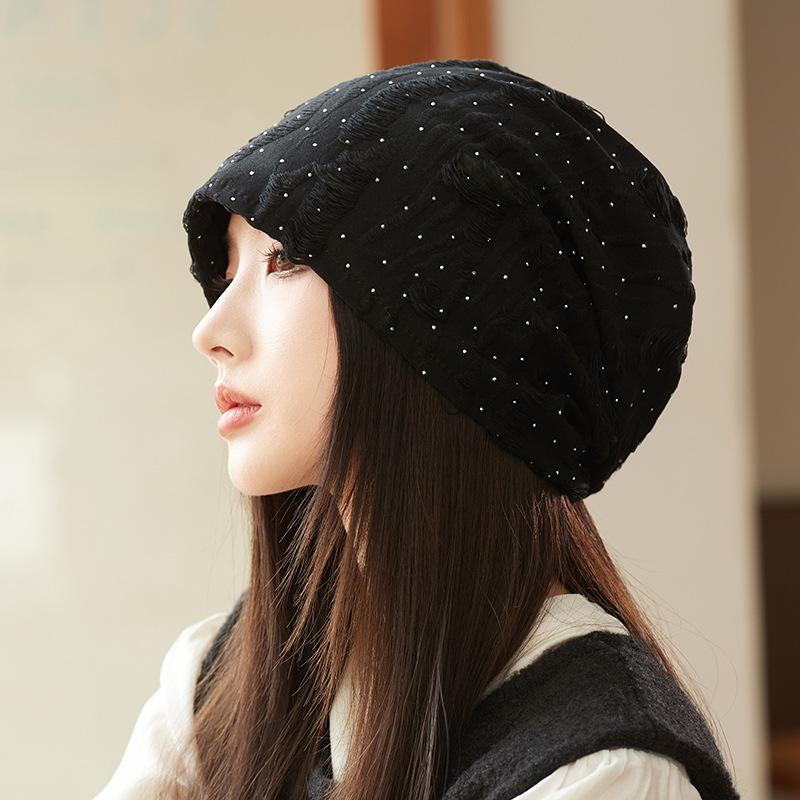 Pile Pile Hat Spring Autumn Hat Women's Shiny Silk Early Autumn Thin Style Big Head Circumference Baotou Hat Versatile Hat