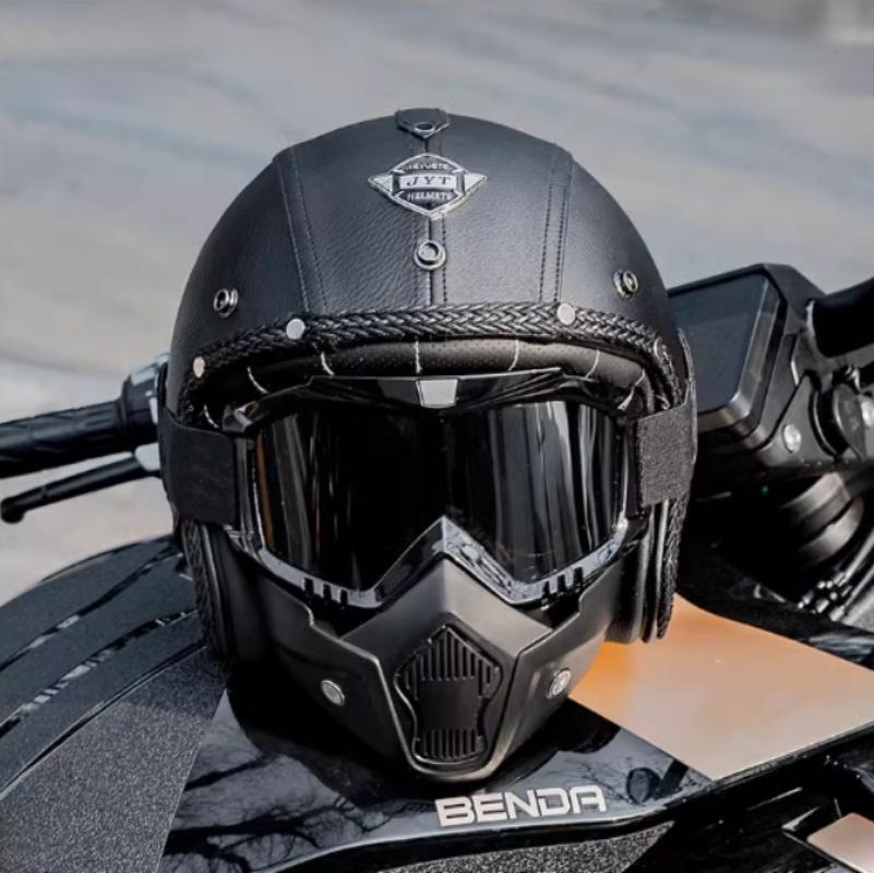 Vintage Motorcycle Helmet Men's Four Season Cruise Scooter Leather Jet Helmets Electric Bike Half Helmet with Cool Mask DOT