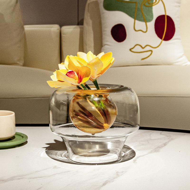 Glass Vase Double-layer Colored Yellow Flower Arrangement Flowerpot Flower Vase Pots Hydroponics Terrarium Home Decoration