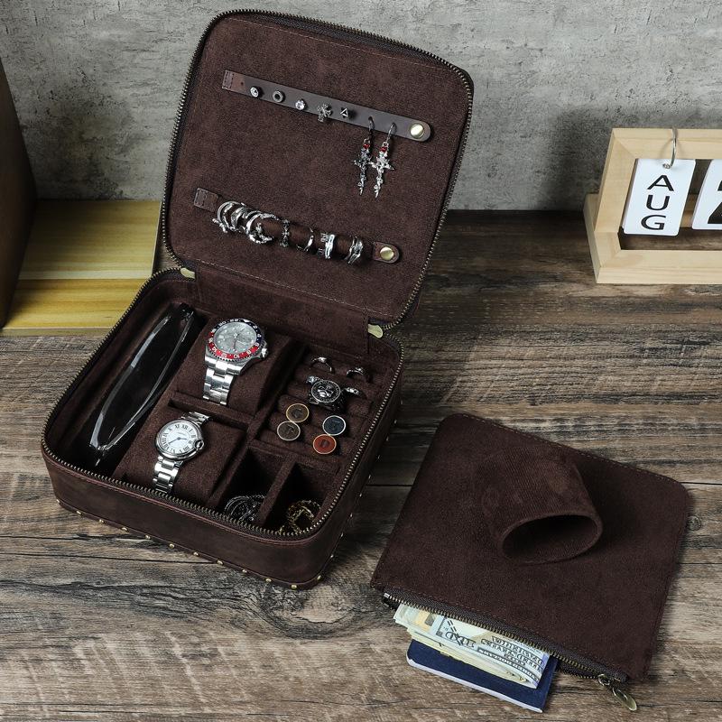 Vintage Crazy Horse Leather Riveted Watch and Jewelry Box