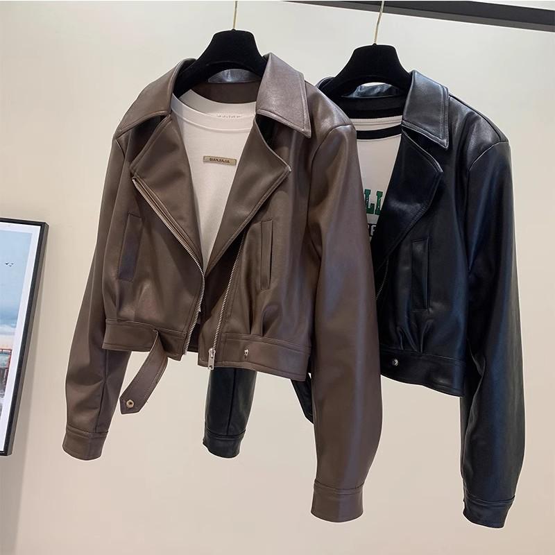

Short Leather Jacket Women s Spring and Autumn Fashion Thin Leather Temperament Lapel PU Leather Thin All-match Jacket S коричневий