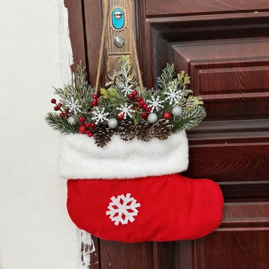 Christmas Stocking Wreath Artificial Wreath Front Door Hanging Sign with Pine