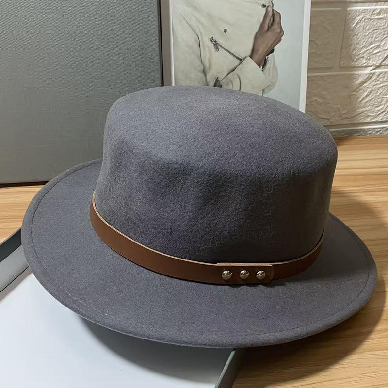 European and American Retro Belt Buckle Wool Felt Hat Women's Autumn and Winter Simple Flat Top Top Hat Western Versatile Basin Hat Fashion Hat