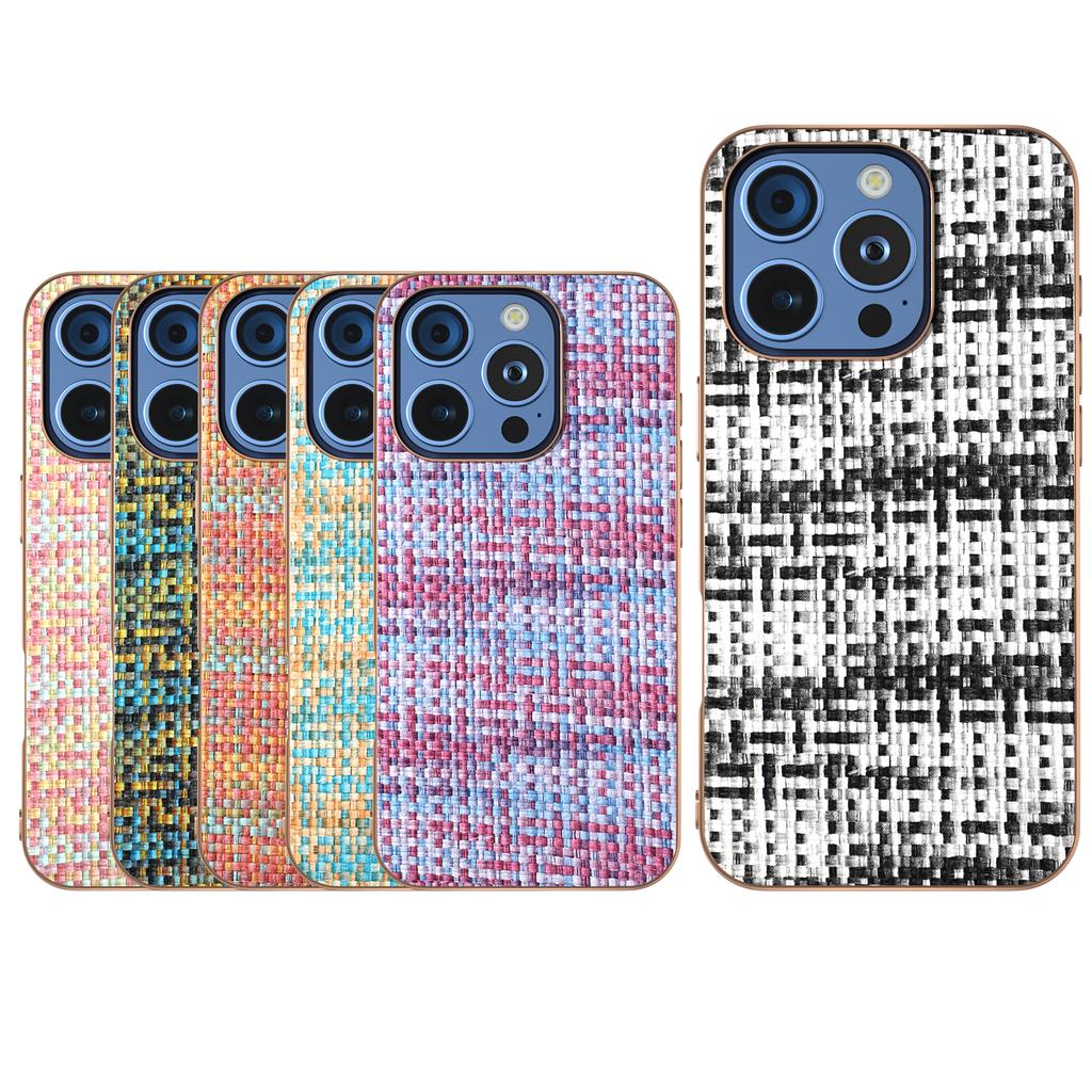 For iPhone 16 Pro Max Case Electroplating Edge Plaid Texture PU Leather+PC+TPU Phone Cover