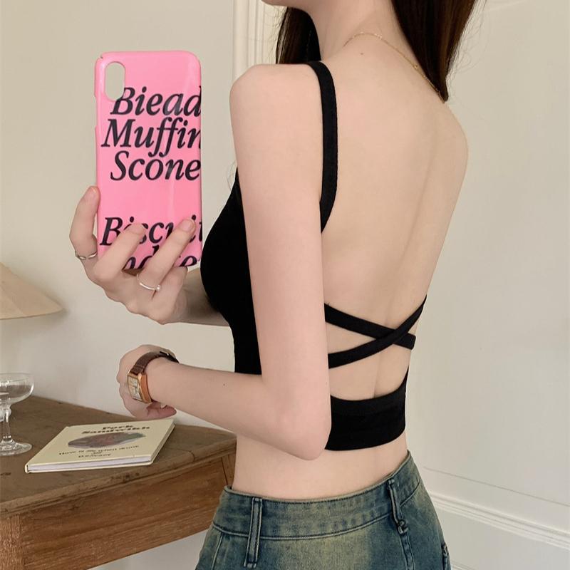 Camisola estilo chica sexy con almohadillas para el pecho para usar en verano, top corto de tubo sin espalda y espalda cruzada para mujer
