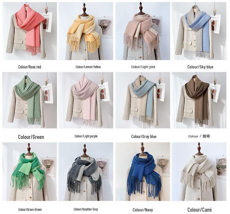Double-Sided Solid Color Imitation Cashmere Scarf with Tassels – Cozy Korean Autumn/Winter Fashion for Students
