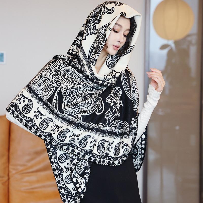 Autumn and Winter Wool Blended Jacquard Shawl New Cashew Flower Double-sided Imitation Cashmere Large Square Scarf Warm and Thickened Scarf