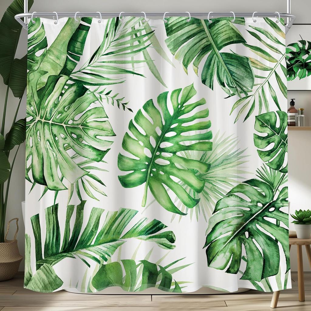 Emerald Green Boho Shower Curtain Black Gold Modern Abstract Palm Leaves Tropical Monstera Bathroom Curtain Set Brown Botanical