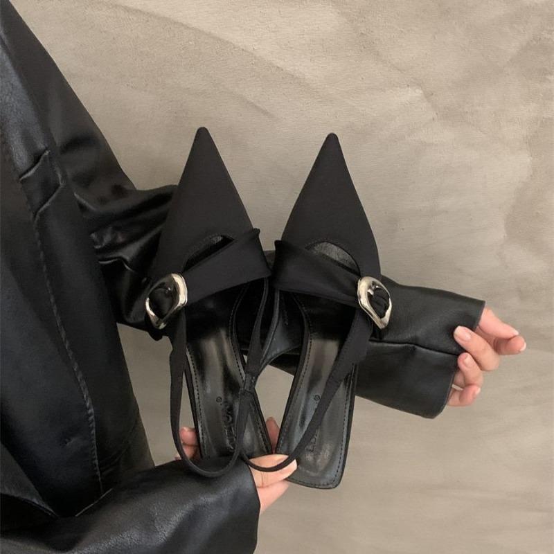 

Черные сандалии с сумкой на каблуке, женская обувь, лето, новый темперамент, светская львица, острый носок, с мелким вырезом, на высоком каблуке, туфли-лодочки 40 чёрный