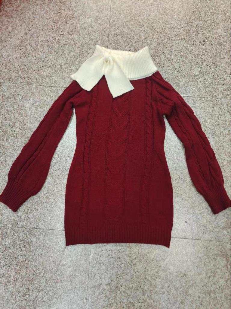 Autumn/Winter Slimming Waist Bodycon Off-Shoulder Knit Dress with Bowknot – French Spicy Style for Women
