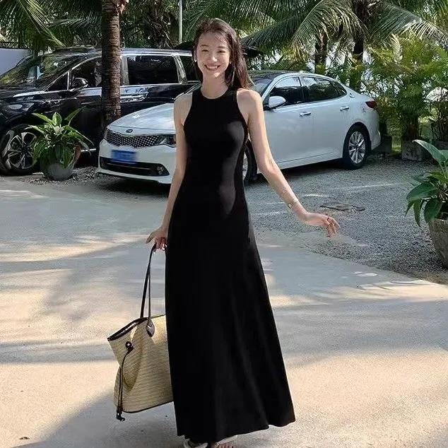 Summer Sleeveless Tank Dress Women Elegant Slim A Line Long Dress Vacation All Match Casual Solid Vestidos