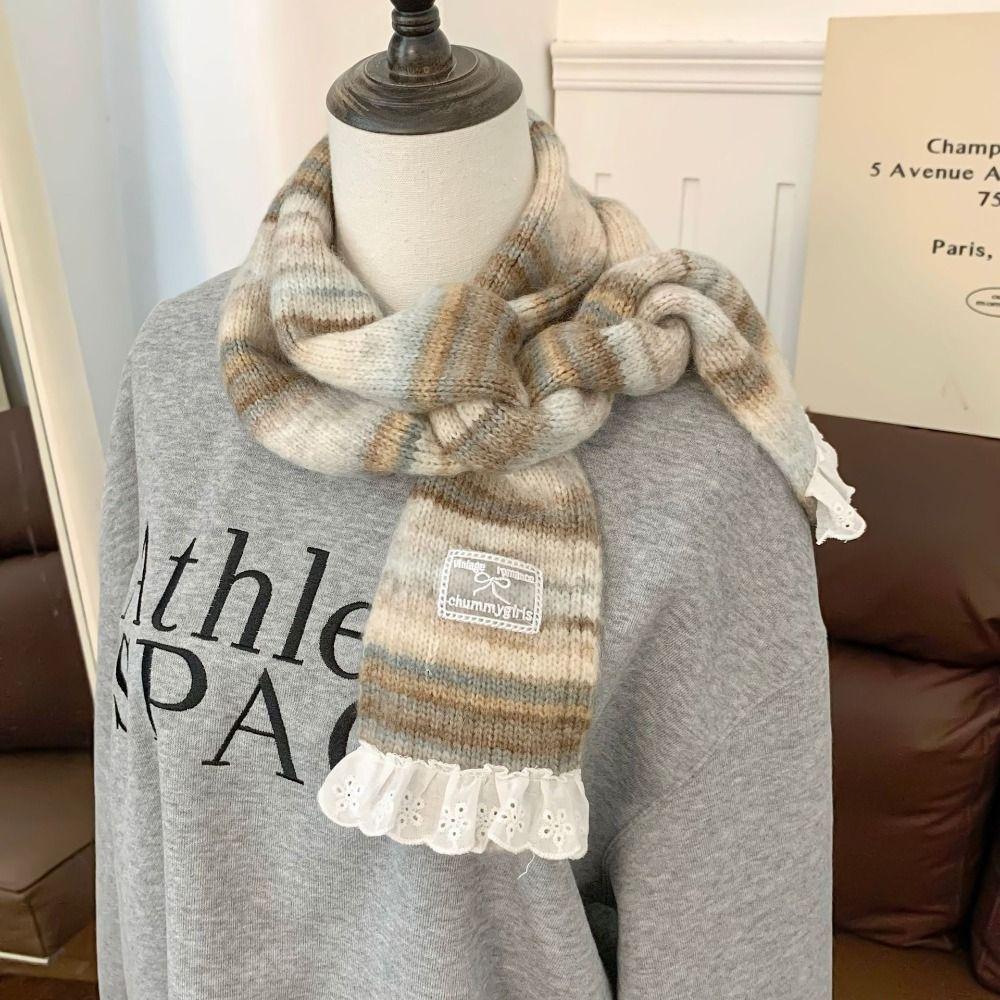 Plush Cashmere Knitted Scarf Lace Winter Shawl Fashion Rainbow Striped Scarf Autumn Winter