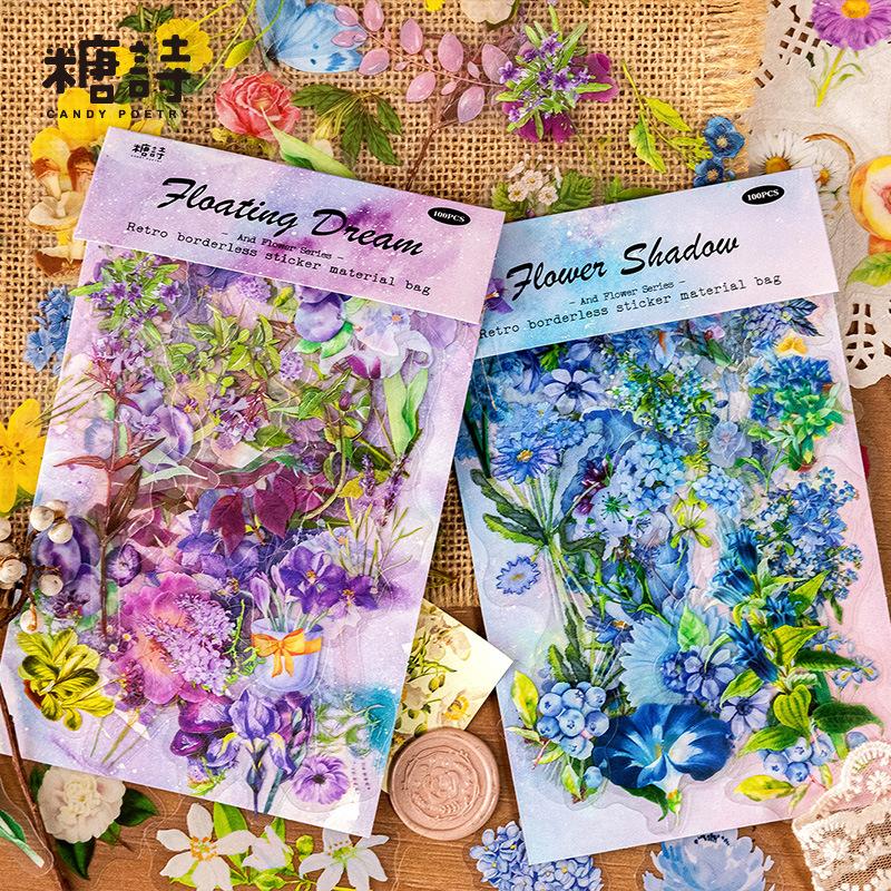 100Pcs/pack Vintage Botanical Stickers Aesthetic Flowers Handmade Material Decorative Stationery Sticker