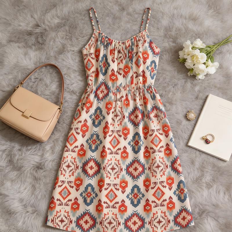 French print suspender dress women's summer loose design sense niche retro high sense light luxury fairy skirt