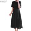 ZANZEA Elegant Ladies Round Neck Short Sleeve Collect Waist Patchwork Lace Dress