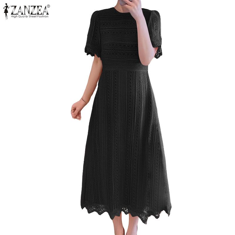 ZANZEA Elegant Ladies Round Neck Short Sleeve Collect Waist Patchwork Lace Dress